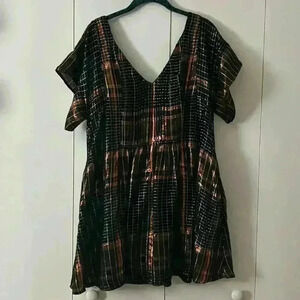 Free people plaid, baby doll dress metallic black rose gold